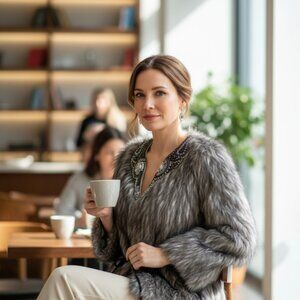 Women's Coats Faux Fur Jacket Designer Andrea Behar Grey Beaded Collar Jacket L